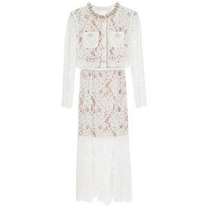 
White lace sexy transparent cardigan top fishtail half-body skirt high-end French little fragrance fairy style suit