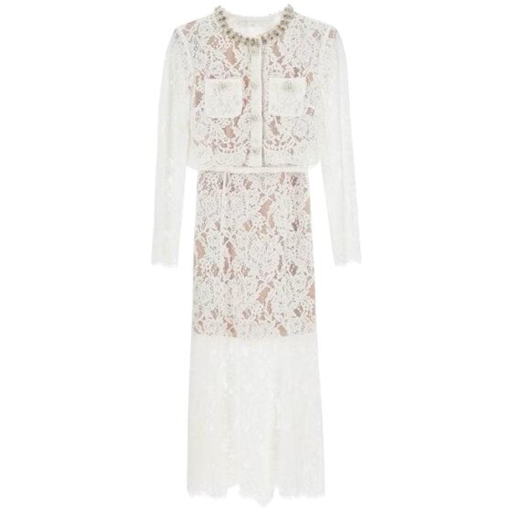 
White lace sexy transparent cardigan top fishtail half-body skirt high-end French little fragrance fairy style suit