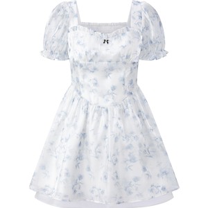 
Lecho square collar light blue streaming princess skirt for summer new holiday check-in high waist puff sleeve princess skirt