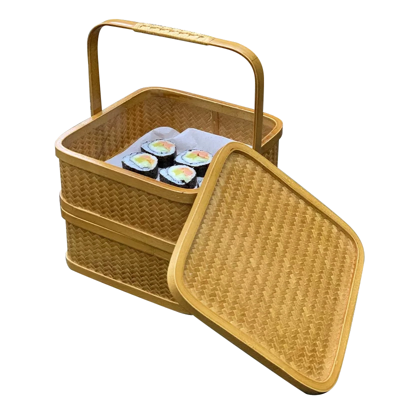 中国美術竹製網代二段手提げ提籃 [B25640] 中国美術竹製網代二段手提げ