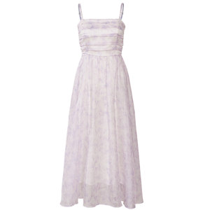 
Since then, lavender waist-hugging suspender dress French floral long skirt vacation style long skirt women's summer