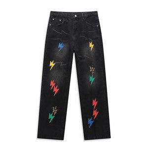 
Wassup Shark American high street color lightning patch leather jeans men's washed casual loose straight pants trendy