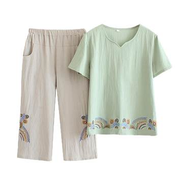 Summer mother short -sleeved two -piece suit women's large cotton cotton cotton
