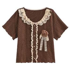 
Mori Girl Tribe Retro Original Vintage Feeling Stacked Short-Sleeved 2025 New Autumn Lace Top Suit for Women