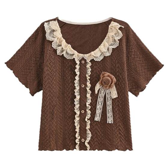 
Mori Girl Tribe Retro Original Vintage Feeling Stacked Short-Sleeved 2025 New Autumn Lace Top Suit for Women