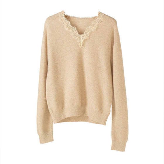 
[Highline Series] Dingjian old p Consinei undyed cashmere splicing imported lace V-neck sweater