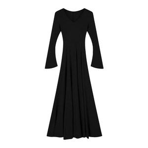 alex stevens black v-neck long-sleeved dress for women in spring and autumn seaside slim a-line long skirt hanging

