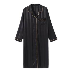 Long -knee ice shirt pajamas Female spring and autumn long -sleeved striped nighttime big size fat MM200*0.5kg sexy loose