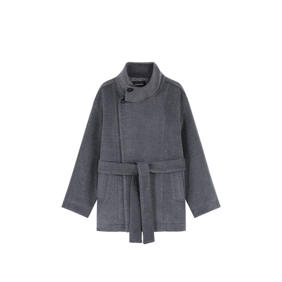 pusumede Korean women's silhouette, heavyweight stand-up collar woolen coat, feminine, warm, short, petite coat