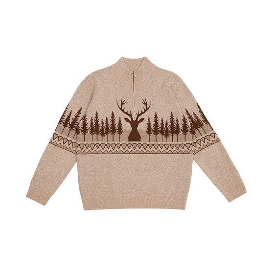 
Deer King 100% cashmere sweater men's half turtleneck zipper jacquard sweater sweater thickened and warm 25 years new autumn and winter
