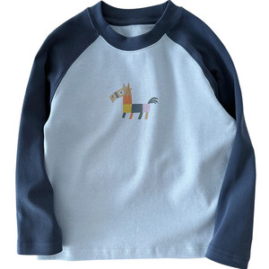 
Soft and waxy, medium thickness ~ boys' pure cotton round neck bottoming shirt, medium and large children's contrast printed T-shirt long-sleeved top