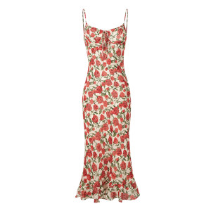
ITSNIKAR French rose floral dress women's retro red suspender skirt seaside vacation slim long skirt