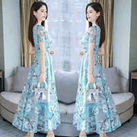 Длинная модная шифоновая юбка, пляжное платье, коллекция 2022, в цветочек, V-образный вырез, по фигуре, в западном стиле, в корейском стиле, большой размер