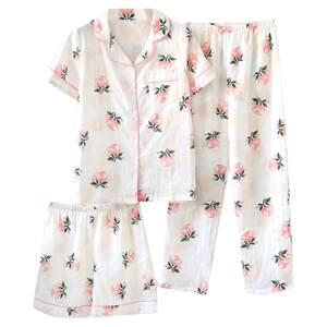Cotton gauze pajamas three -piece female summer short -sleeved long pants and shorts, cotton gauze, spring and autumn all cotton home clothing set