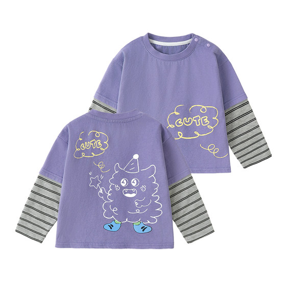 
Kaka Panda Baby Cartoon Fake Two-piece T-shirt Spring Clothing Children's Long-Sleeved Top Spring Clothing Trendy for Boys and Girls