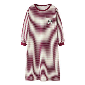 Beiyan pajamas Female spring and autumn new soft cotton long -sleeved simplicity striped nighttime nightdress can wear girl large size dress
