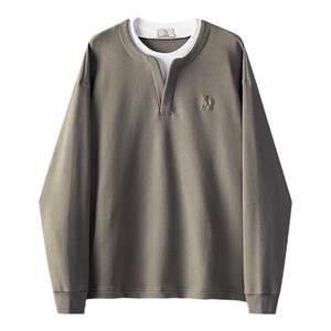 
William Fox spring new long-sleeved T-shirt men's fake two-piece top men's casual henley collar sweatshirt for men