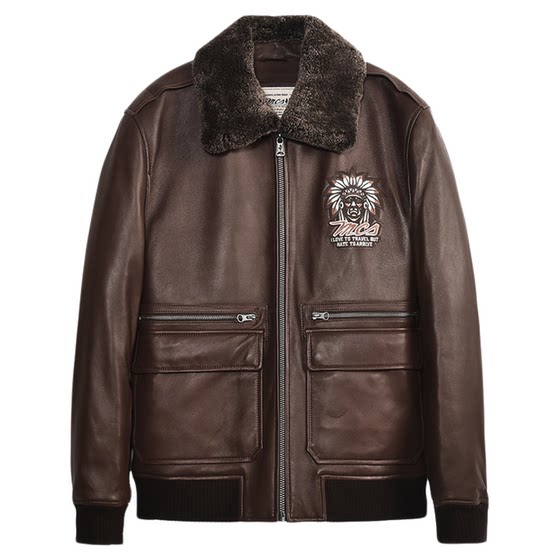 
MCS men's clothing originated from Marlboro autumn and winter fitted version of the translucent collar pilot sheepskin down leather jacket