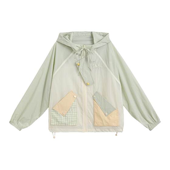 
Mori Girl Tribe UPF50+ sun protection clothing for women new contrasting color splicing design loose original yarn hooded jacket summer