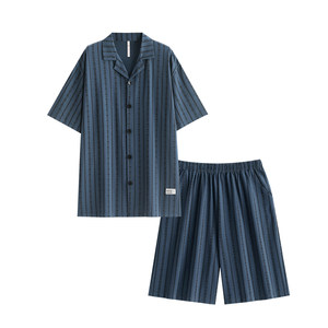 
Yuenei pajamas men's summer summer pure cotton short-sleeved shorts home clothes fashion casual striped thin style can be worn outside