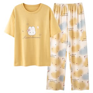 2026 summer pajamas for women, pure cotton short-sleeved trousers, pure cotton casual light yellow, cool, breathable and wearable home wear set