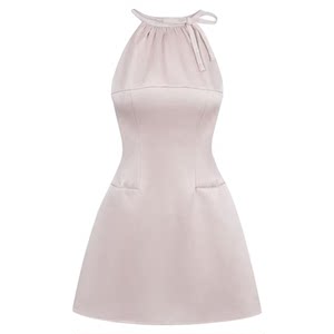 
French high-end pink satin shiny neck dress for women summer bow waist A-line sleeveless skirt