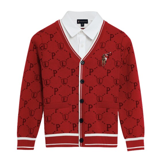 
POLOWALK Children's Clothing Boys Fake Two-Piece Sweater 2025 Autumn and Winter Children's College Style Red Pure Cotton Sweater