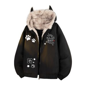 
Charles peach heart fur collar hooded mountain carving cotton coat for men and women winter cat print anti-cold tide brand couple coat