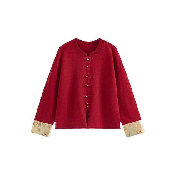 
Large size New Year's shirt, Chinese style wear, new Chinese style plate button red sweater, fat girl, fat girl, covering the flesh, slimming knitted top