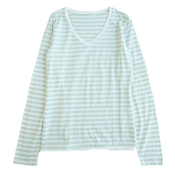 
Unprinted pure cotton slim fit women's spring and autumn striped long-sleeved bottoming shirt T-shirt V-neck cotton top women's 9658