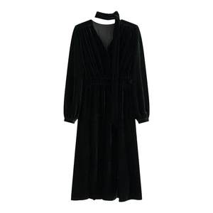 Azure French retro long skirt V-neck emulated velvet dress high waist streamer skirt lantern sleeve long sleeve small black skirt