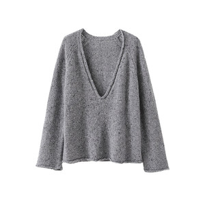 
popchrio lazy style v-neck loose pullover curly wool sweater layered knitted base shirt for women for winter