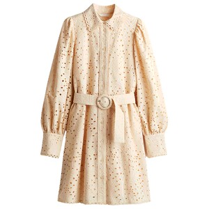 
HM Women's Dress Spring Fashion Elegant Belted Shirt Style Long Skirt Hollow Embroidered Dress 1268124