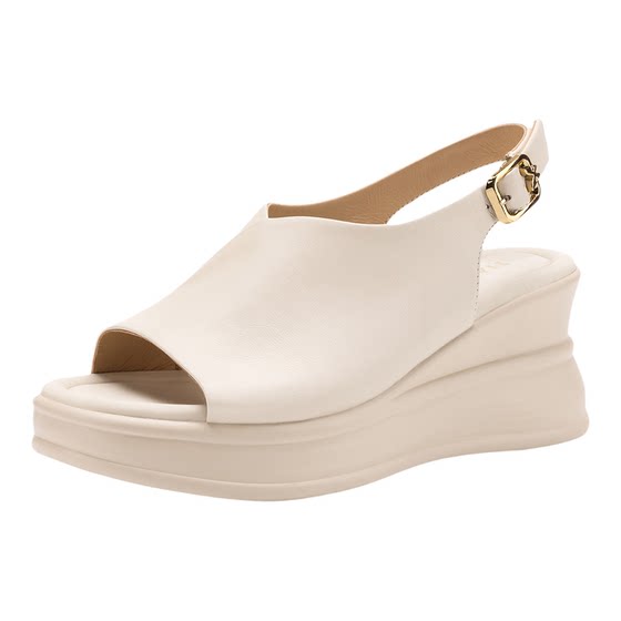 
Hazen 2026 summer new fashion high-heeled shoes sandals casual breathable back hollow thick-soled wedge heel fish mouth shoes genuine leather