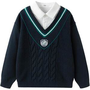 
Balabala boys sweater, medium-sized children's baby fake two-piece sweater spring and autumn style children's college style base shirt