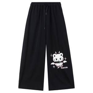 
KEIKO Cute cat embroidery plus velvet casual sweatpants for women 2026 spring drawstring high waist wide leg sports pants