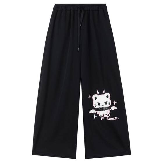 
KEIKO Cute cat embroidery plus velvet casual sweatpants for women 2026 spring drawstring high waist wide leg sports pants