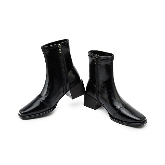 [Wang Xiaodu] Right Duide square toe thick heel short boots for women, high-end new patent leather slim fashion boots