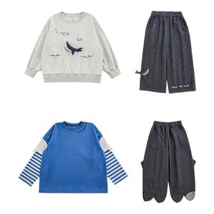 
Youyou Boys Spring Long Sleeve Whale Sweatshirt Striped Fake Two-Piece T-shirt Loose Straight Pants Ocean Series Set