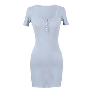 Advanced temperament round neck dressed dress in summer new short -sleeved sweet waist, thin sexy high -waisted mini skirt female
