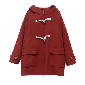 Ancient moss New Year's Battle Robe Christmas Red 100% Wool Double-sided Woolen Coat Medium-length Hooded Horn Button Coat Women