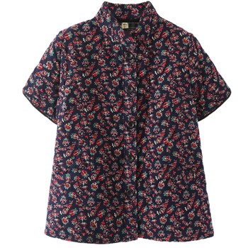 Large size floral short-sleeved cotton coat for women commuting Korean style