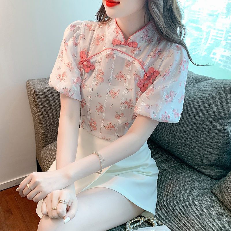 2022 summer new small fresh sweet retro Chinese style disc button floral chiffon bubble short-sleeved shirt top women