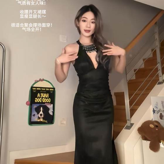 instahot 水钻V领挂脖黑色晚礼服裙御姐风高级轻奢宴会生日连衣裙