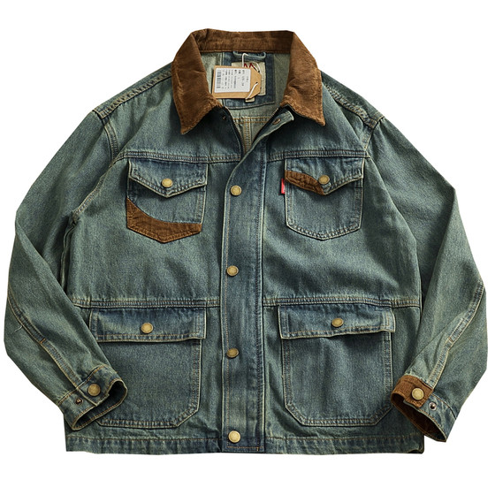 
American retro corduroy spliced denim jacket for men, washed distressed pocket work jacket, autumn and winter trendy tops
