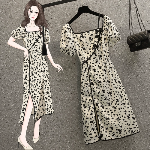 高级感绝美小裙子女夏天大码微胖mm复古旗袍改良版碎花方领连衣裙