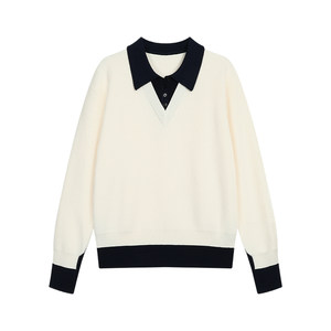 
NEVA HU accent player fake two-piece POLO collar pullover sweater for women with high intellectual sense and contrasting color loose knitted top