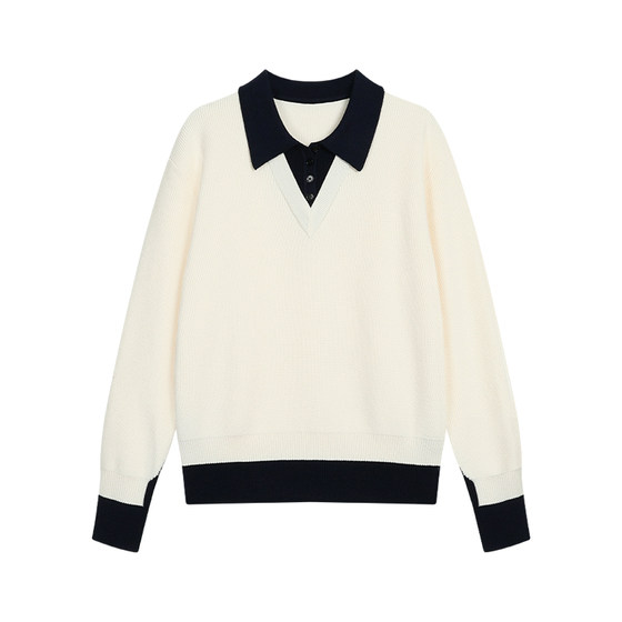 
NEVA HU accent player fake two-piece POLO collar pullover sweater for women with high intellectual sense and contrasting color loose knitted top
