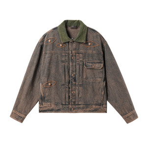
JHYQ American retro beaded old denim jacket men's autumn and winter high-end handsome jacket high street denim jacket