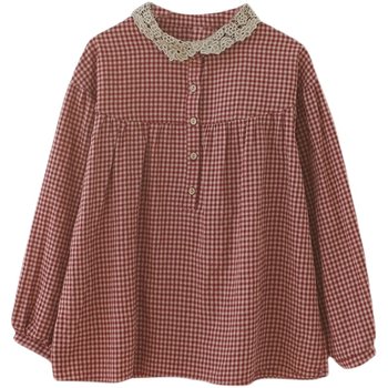 Cotton and linen grid shirt loose large size lace stitching
